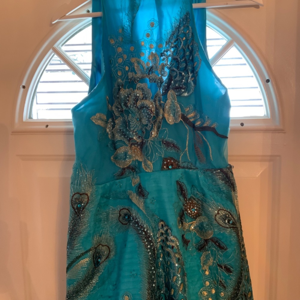 Turquoise and brown peacock prom dress . - Picture 14 of 15